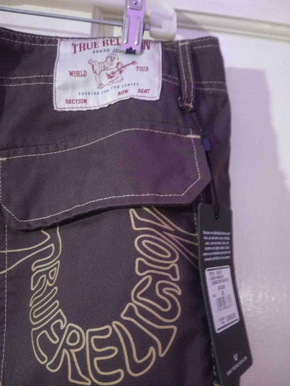 NWT Men's True Religion Cargo Pants Bracken Brown Light Brown Stitch 34W
